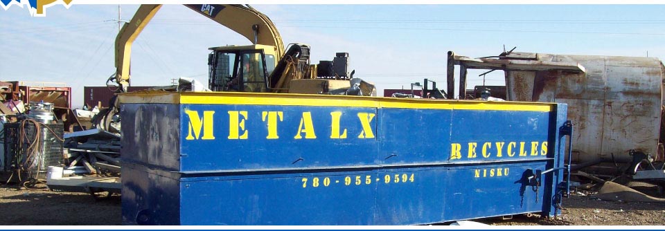 Blue METALX recycling bin for scrap metal pickup in Edmonton